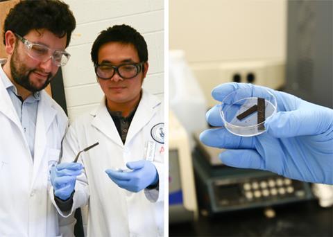 Pelayo Garcia De Arquer (left) and Cao-Thang Dinh (right) examine a wafer coated in their new catalyst, which lowers the amount of electricity required to split water into hydrogen and oxygen under pH-neutral conditions.